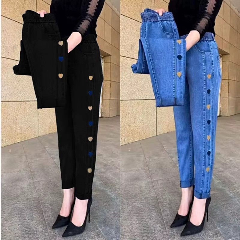 Winter Embroidery Jeans Women's Elastic High Waist Jeans 5XL FashionWomen Black Blue Pocket Mom Jeans Skinny Stretch Pants Women