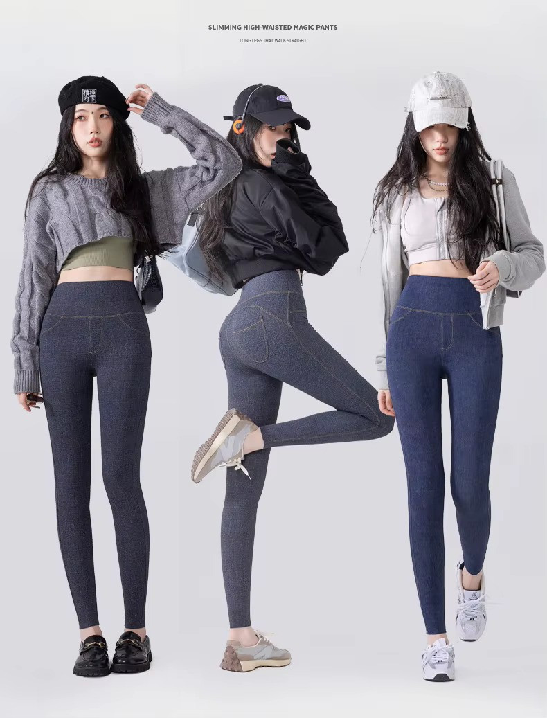 BIVIGAOS Fall New Jeans Legging Women Winter Fleece Stretch High Waist Pocket Fitness Sports Casual Leggings Tight Yoga Jeggings