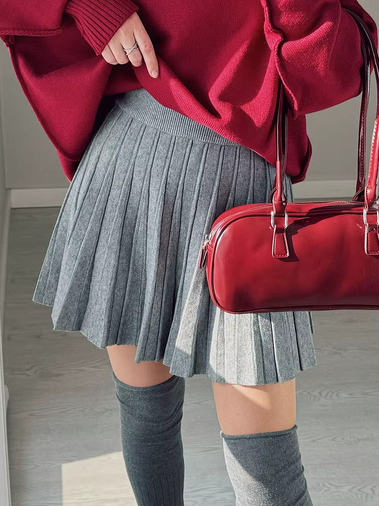 Spring Knit White Mini Pleated Skirts For Women A Line Skirt Gray High Waist Women Knitted Pleated Short Skirts Korean Fashion